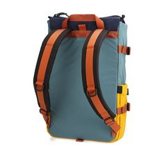 a blue and yellow backpack with orange straps