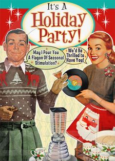 it's a christmas party book with an image of a man and woman cooking