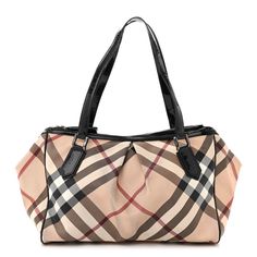 This is an authentic BURBERRY Patent Trim Supernova Check Medium Melbury Tote in Black. This stylish tote is crafted of classic pleated Nova check canvas. The bag features patent leather tall shoulder straps, a leather top crest, and silver hardware. The top opens to a beige fabric interior with 2 side zipper compartments and pockets. Small Camera, Beige Fabric, Emma Roberts, Shopper Tote, Pocket Bag, Leather Top, Leather Trim, Silver Hardware, Belt Bag