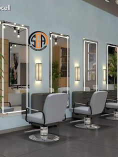 a hair salon with chairs and mirrors on the wall