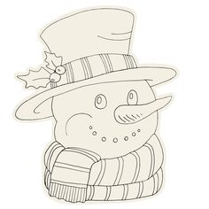 a snowman with a hat and scarf on it's head is drawn in black and white