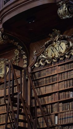 an old library with wooden bookshelves and ornate clocks