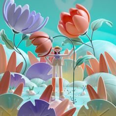 a digital painting of a person standing in front of flowers