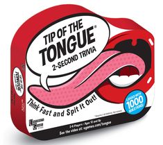 a red box that has some type of tongue on it's side and the words, tip of the tongue 2 second trivia