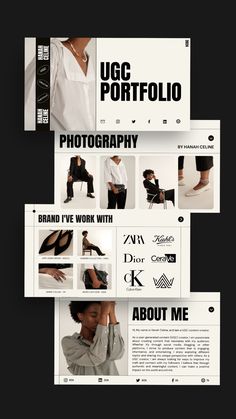 an advertisement for a photographer is shown in black and white, with the words ugg portfolio on it