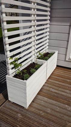 two white planters sitting on top of a wooden deck next to a wall with vertical slats