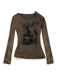 Color: Brown, Size: S Fairy Grunge Relaxed Fit Crew Neck T-shirt, Hippie Brown Long Sleeve Tops, Long Sleeve Grunge, Long Sleeve Graphic Print Hippie Top, Grunge T Shirts, Vintage Brown Long Sleeve T-shirt, Brown Bohemian V-neck Top, Y2k Vintage, Vintage Grunge