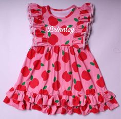 Super cute Apple dress for back to school! This is absolutely so cute on. Personalization is available to purchase. The name is done in a white vinyl and you can choose your font option in the photos Dress is made from a cotton spandex fabric and is super soft but great quality Size chart is available in photos and is approximate only Back To School Dress, School Clothing, Apple Dress, Back To School Outfit, School Dress, Dress Back, Pink Apple, School Dresses, Back To School Outfits