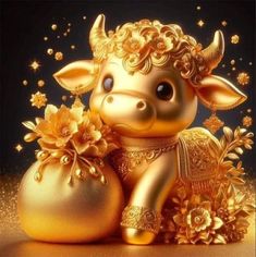 a golden cow sitting next to two gold vases with flowers on it's sides