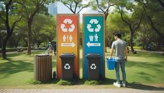 a man standing next to two trash bins with recycling symbols on them in a park