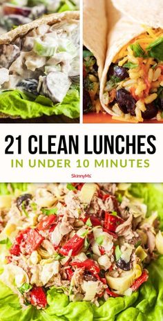 four different pictures with the words 21 clean lunches in under 10 minutes on them