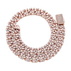 Hey, get ready to dazzle with our stunning 12mm Baguette Chain Link Necklace! This gorgeous piece is crafted with high quality gold plated metal and adorned with cubic zirconia stones for added sparkle. It's available in your choice of lengths and metal colors, so you can find the perfect fit, and makes a great addition to any outfit. Whether you're dressing up for a special occasion or just adding a little extra glam to your everyday look, this necklace is sure to be noticed. So don't wait, ord Rose Gold Iced Out Cubic Zirconia Necklaces, Rose Gold Cubic Zirconia Iced Out Necklace, Rose Gold Iced Out Cubic Zirconia Necklace, Gold Cuban Link Necklace With Bling, Rose Gold Bling Necklace With Cubic Zirconia, Gold Chain Necklace With Rhinestones And Cubic Zirconia, Gold Cubic Zirconia Chain Necklace With Rhinestones, Baguette Chain, Hip Hop Necklace