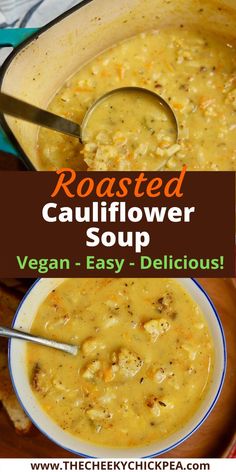 roasted cauliflower soup in a bowl with a spoon