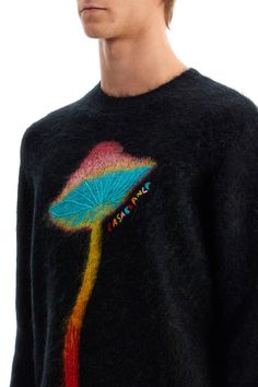 Looking for something cozy with a dash of whimsy? This sweater blends comfort with a splash of psychedelic fun, perfect for adding a pop of personality to your wardrobe. Trust us, it's like a hug you can wear. Made of a soft mohair blend Psychedelic rainbow mushroom graphic print Embroidered multicolored logo lettering Ribbed edges for a relaxed fit Part of the FW24 collection Color: NERO Made in China Mushroom Sweater, Rainbow Mushroom, Mushroom Graphic, Tailoring Techniques, Mushroom Design, Sweater Sale, Emilio Pucci, Silk Shirt, Casablanca