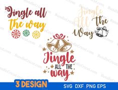 three christmas svg designs with the words, jungle all the way and jingle all the way