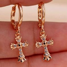 18k Gold Filled-Vogue Flower Cross Clear Zircon Earrings, Brand New No Tags Gold Cross Earrings, Flower Cross, Zircon Earrings, Pretty Jewelry, Cross Earrings, Gold Cross, Pretty Jewellery, Earrings Gold, Gold Earrings