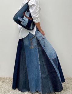 Upcycled Denim Maxi Skirt, Casual Fitted Upcycled Denim Skirt, Casual Upcycled Denim Skirt, Recycled Denim Patchwork Denim Skirt, Spring Denim Skirt, Reworked, Wardrobe Update, Recycle Jeans, Denim And Lace, Jeans Rock