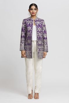 Purple full sleeve blazer with resham embroidery in floral pattern and mandarin collared neckline. - Aza Fashions Gopi Vaid, Embroidered Blazer, Resham Embroidery, Blazer Pattern, Blazer For Women, Women Jackets, Mandarin Collar, Blazers For Women, Aza Fashion