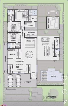 the floor plan for a house with three floors and two car garages on each side