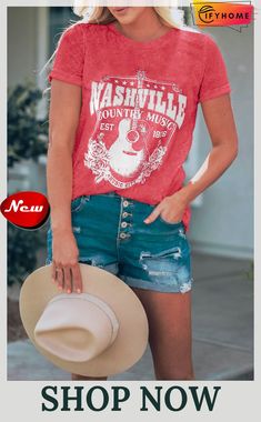 Red Nashville Music City Graphic Mineral Washed Tee Red Graphic Print Top For Concert, Red Band Merch Tops For Summer, Summer Band Merch Red Tops, Music-themed Relaxed Fit Tops For Summer, Red Short Sleeve Top For Concert, Red T-shirt For Summer Concert, Spring Cotton Tops With Music-themed Style, Spring Music-themed Cotton Tops, Spring Music-themed Letter Print Tops