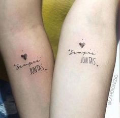 two people with matching tattoos on their arms, both have words and hearts tattooed on them