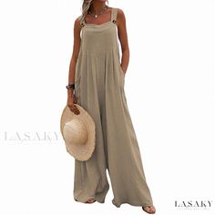 Lasaky - Loose Wide-Leg Jumpsuit with Suspender Straps, Floor-Length Home Pants in Cotton Linen Fabric Summer Jumpsuit Outfit, Womens Summer Jumpsuits, Long Overalls, Loose Overalls, Fitted Slacks, Romper Long Pants, Jumpsuit Outfits, Loose Fitting Pants, Solid Color Jumpsuits