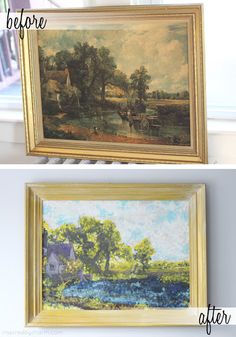 before and after pictures of an old painting