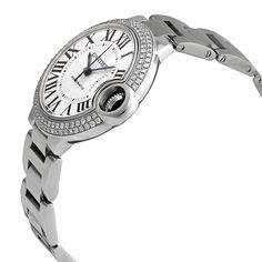 WE902065 | CRWE902065 Cartier Ballon Bleu 33mm Automatic Women's Luxury Watch - With Manufacturer Serial Numbers - Swiss Made - Guilloche Opaline Silver Dial - Sword Shaped Blue Steel Hands - Polished Solid 18k White Gold Bezel Set With 115 Diamonds (0.94 ct.) - Fluted Crown Set with Blue Cabochon-Shaped Sapphire - 38 Hour Power Reserve - Self-winding Automatic Movement - 3 Year Warranty - Guaranteed Authentic - Certificate of Authenticity - Manufacturer Box & Manual - Solid Polished 18k Rhodiumized White Gold Case - Solid 18k White Gold Bracelet - Scratch Resistant Sapphire Crystal - 30 Meters / 100 Feet Water-Resistant - 33mm = 1 1/4" Case, 6" Adjustable Bracelet - Case Thickness: 9.96mm - Fixed Bezel - Push & Pull Crown - Stainless Steel Deployment Buckle - Free Bracelet Sizing     Also Cartier Ballon Bleu, Womens Watches Luxury, White Gold Bracelet, Free Bracelet, Blue Steel, Gold Case, Women's Watch, Luxury Watch, Adjustable Bracelet