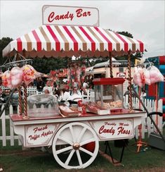 an old fashioned candy bar on display in the grass with umbrellas and other decorations