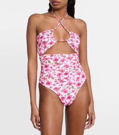 Floral halterneck swimsuit in pink - Magda Butrym | Mytheresa Ruched Nylon Swimwear For Summer, Vacation Ruched Backless Swimwear, Summer Ruched Elastane Swimwear, Ruched Nylon Swimwear For Spring, Spring Ruched Elastane Swimwear, Ruched Nylon Swimwear For Vacation, Ruched Elastane Swimwear For Spring, Ruched Elastane Swimwear For Summer, Spring Nylon Tankini For Poolside