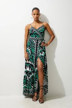 Mono Printed Viscose Woven Strappy Beach Maxi Dress | Karen Millen Petite Wedding Guest Dresses, Plus Size Workwear, Christmas Day Outfit, Leg Split, Tapas Bar, Petite Coat, Black Tie Dress, Beach Maxi Dress, Fall Outfits For Work