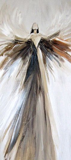 a painting of a white bird with brown feathers on it's back and wings spread out