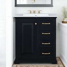 a bathroom with a sink, mirror and rug