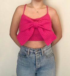 Cute pink bow top with self adjustable corset back.  Feel free to message me for different sizes or colors or any questions you may have. Bow Tie Crochet, Tie Crochet, Crochet Bow, Crochet Crop, Crochet Crop Top, Bow Tie, Free Crochet, Crochet Top, Crop Top