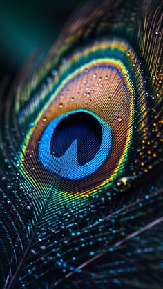 a close up photo of a peacock's feather with drops of water on it