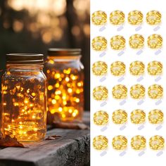 a jar filled with lots of yellow lights sitting on top of a table next to some jars