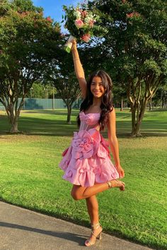 Pink Sheer Bodice Short Dress with Rosette Winter Formal Dresses, Junior Prom Dresses, Pink Sheer, Short Prom Dress, Sweet 16 Dresses, Hoco Dresses, Short Dress, Zip Up, Homecoming Dresses