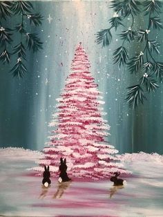 a painting of a pink christmas tree in the snow with two rabbits swimming underneath it