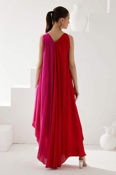 Pink and red asymmetric colour block dress with a pleated flowy silhouette. - Aza Fashions Colour Block Dress, Asymmetric Dress, Block Dress, Fashion App, Colorblock Dress, Pink And Red, Colour Block, Asymmetrical Dress, Dress For Women