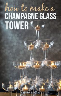 champagne glasses are stacked on top of each other with the words how to make a champagne glass tower