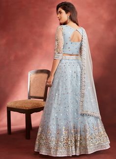 Dusty Blue Embroidered Net Lehenga – Lashkaraa Net Blouse, Net Blouses, Net Lehenga, Net Dupatta, Indian Outfits, Dusty Blue, Dress Materials, Lehenga, Blouse Designs