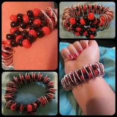 four different types of bracelets with red and black beads