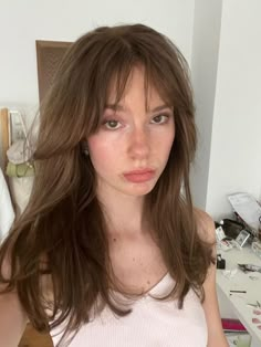 Long Curtain Bangs With Fringe, Non Layered Haircuts, Short Layers Wispy Bangs, Fringe Into Curtain Bangs, Layered And Bangs Haircut, Long Hair And Fringe Bangs, Casual Bangs Hair, Hair With Long Fringe, Different Curtain Bangs