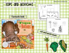 the top and bottom pages of an illustrated book with pictures of animals, plants, and vegetables