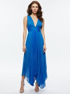 Adrianna Pleated Maxi Dress In French Blue | Alice + Olivia Spring Uniform, Beach Wedding Guests, Beach Wedding Guest Dress, French Dress, Beach Destination Wedding, Alice And Olivia, Pleated Maxi Dress, Pleated Maxi, French Blue