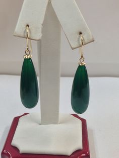 "SOLID 14KT YELLOW GOLD DANGLE EARRINGS GREEN ONYX IS  10x30 mm EACH EARRING LENGTH IS 1.75\" INCHES WITH GIFT BOX" Green 14k Gold Earrings For Formal Occasions, Green Dangle Earrings For Formal Occasions, Formal Green Dangle Earrings, Classic Green 14k Gold Jewelry, Green Teardrop Jewelry For Formal Occasions, Formal Green Pierced Earrings, Fine Green Dangle Jewelry, Green Pierced Earrings For Formal Occasions, Green Pear-shaped Earrings For Formal Events