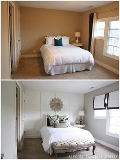 three different pictures of a bedroom with white furniture and beige walls, including a bed