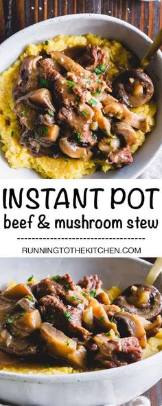 instant pot beef and mushroom stew in a white bowl