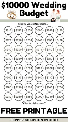 a wedding budget sheet with the words free printable for $ 1, 000 on it