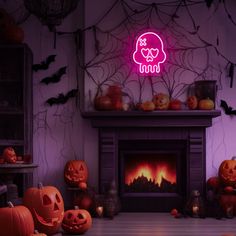 a living room decorated for halloween with pumpkins and skulls on the fireplace, while a neon sign reads booze